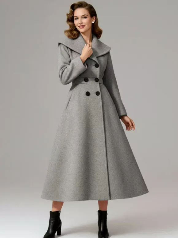 Vintage Double-Breasted A-line Woolen Coat With Shawl Collar For Women 2026