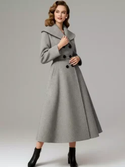 Vintage Double-Breasted A-line Woolen Coat With Shawl Collar For Women 2026