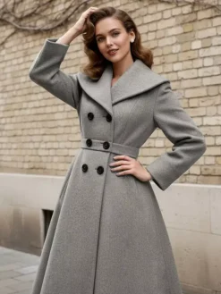 Vintage Double-Breasted A-line Woolen Coat With Shawl Collar For Women 2026