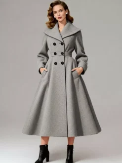 Vintage Double-Breasted A-line Woolen Coat With Shawl Collar For Women 2026