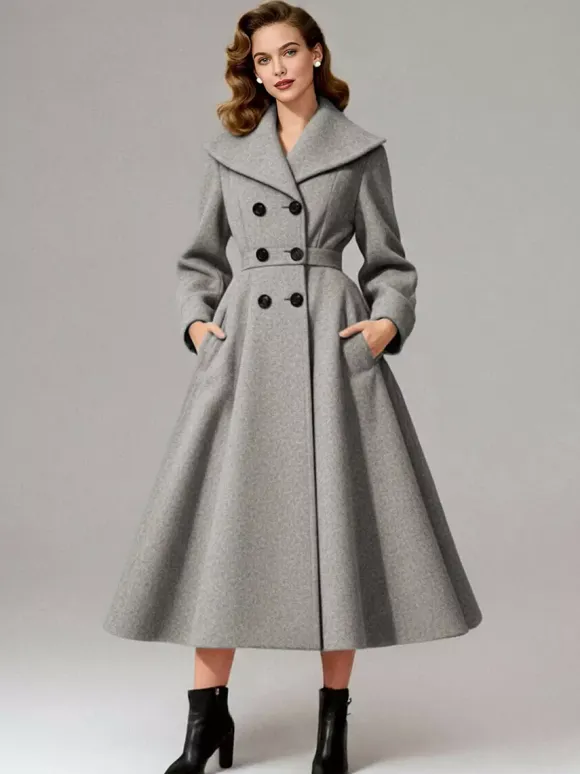 Vintage Double-Breasted A-line Woolen Coat With Shawl Collar For Women 2026