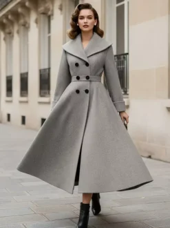 Vintage Double-Breasted A-line Woolen Coat With Shawl Collar For Women 2026