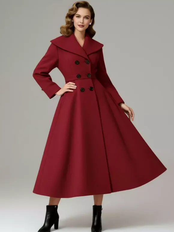 Vintage Double-Breasted A-line Woolen Coat With Shawl Collar For Women 2026
