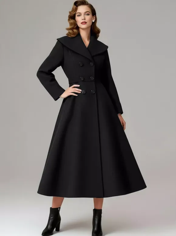 Vintage Double-Breasted A-line Woolen Coat With Shawl Collar For Women 2026