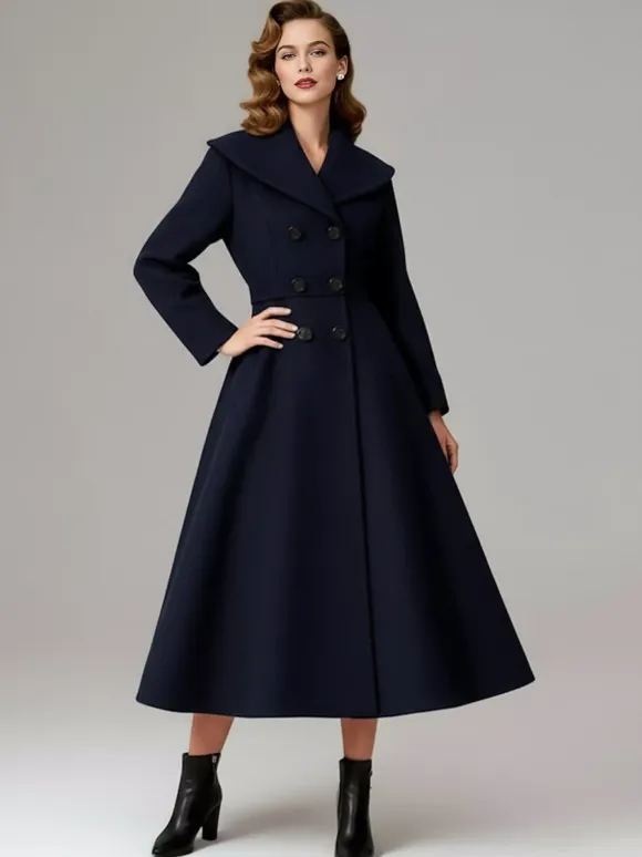 Vintage Double-Breasted A-line Woolen Coat With Shawl Collar For Women 2026