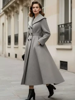 Vintage Double-Breasted A-line Woolen Coat With Shawl Collar For Women 2026