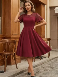 Vintage Dress 1950s Style Jewel Neck Lace Short Sleeves Medium Burgundy Swing Dress