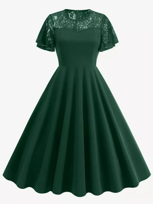 Vintage Dress 1950s Style Jewel Neck Lace Short Sleeves Medium Burgundy Swing Dress