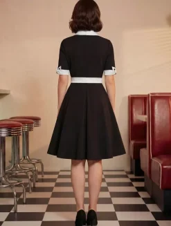 Vintage Dress 1950s Yellow Two-Tone Bows Short Sleeves Embellished Collar Medium Swing Dress