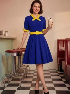 Vintage Dress 1950s Yellow Two-Tone Bows Short Sleeves Embellished Collar Medium Swing Dress