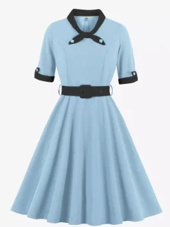 Vintage Dress 1950s Yellow Two-Tone Bows Short Sleeves Embellished Collar Medium Swing Dress