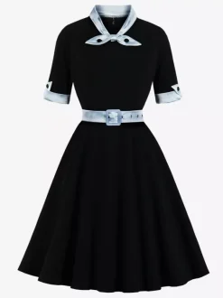 Vintage Dress 1950s Yellow Two-Tone Bows Short Sleeves Embellished Collar Medium Swing Dress