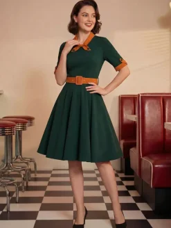 Vintage Dress 1950s Yellow Two-Tone Bows Short Sleeves Embellished Collar Medium Swing Dress