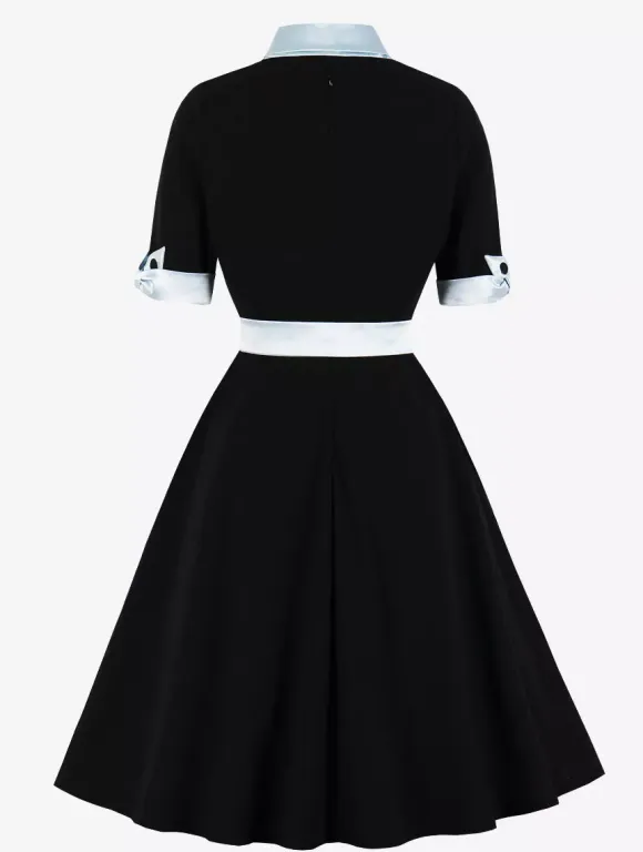 Vintage Dress 1950s Yellow Two-Tone Bows Short Sleeves Embellished Collar Medium Swing Dress