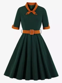 Vintage Dress 1950s Yellow Two-Tone Bows Short Sleeves Embellished Collar Medium Swing Dress