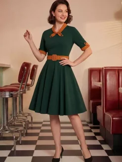 Vintage Dress 1950s Yellow Two-Tone Bows Short Sleeves Embellished Collar Medium Swing Dress