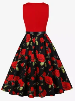 Vintage Dresses 1950s Swing Floral Swing Dress Sleeveless A-Line Tea Party Midi Dress