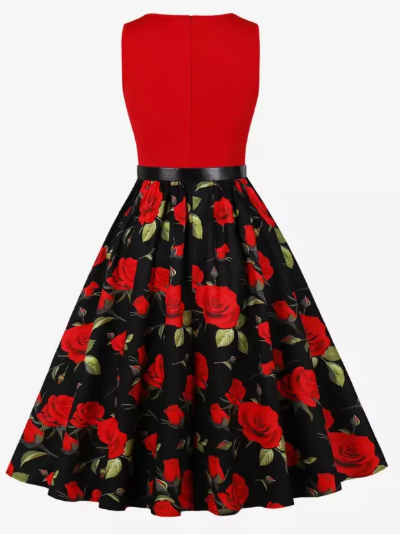 Vintage Dresses 1950s Swing Floral Swing Dress Sleeveless A-Line Tea Party Midi Dress