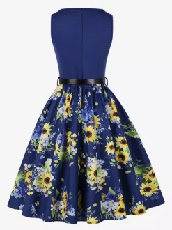 Vintage Dresses 1950s Swing Floral Swing Dress Sleeveless A-Line Tea Party Midi Dress
