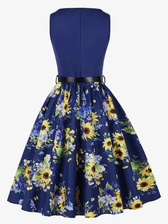 Vintage Dresses 1950s Swing Floral Swing Dress Sleeveless A-Line Tea Party Midi Dress