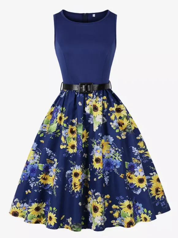 Vintage Dresses 1950s Swing Floral Swing Dress Sleeveless A-Line Tea Party Midi Dress