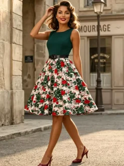Vintage Dresses 1950s Swing Floral Swing Dress Sleeveless A-Line Tea Party Midi Dress