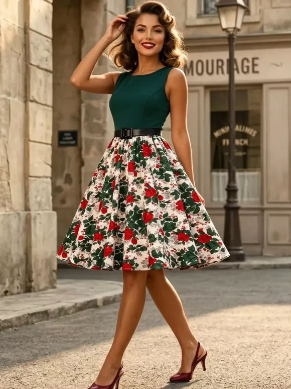 Vintage Dresses 1950s Swing Floral Swing Dress Sleeveless A-Line Tea Party Midi Dress