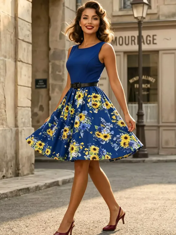 Vintage Dresses 1950s Swing Floral Swing Dress Sleeveless A-Line Tea Party Midi Dress