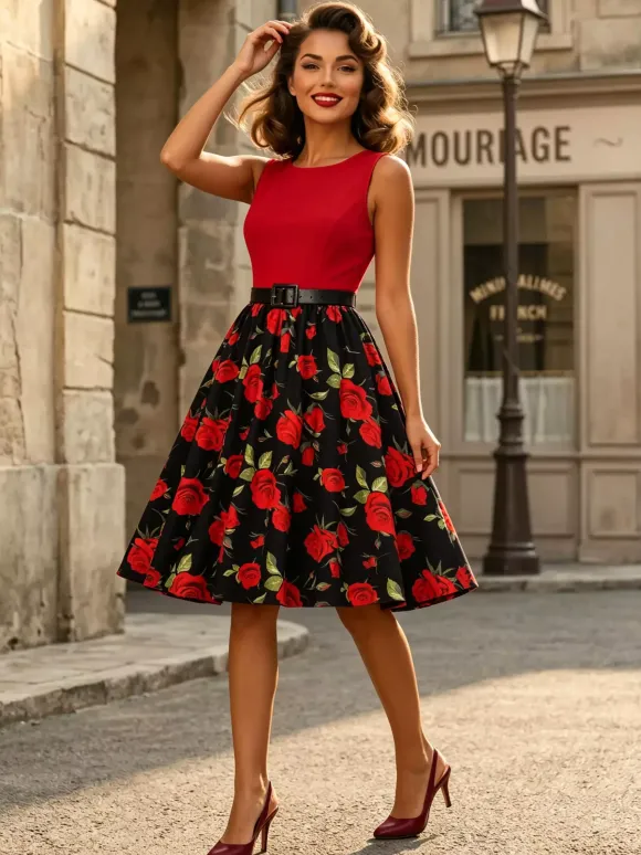 Vintage Dresses 1950s Swing Floral Swing Dress Sleeveless A-Line Tea Party Midi Dress