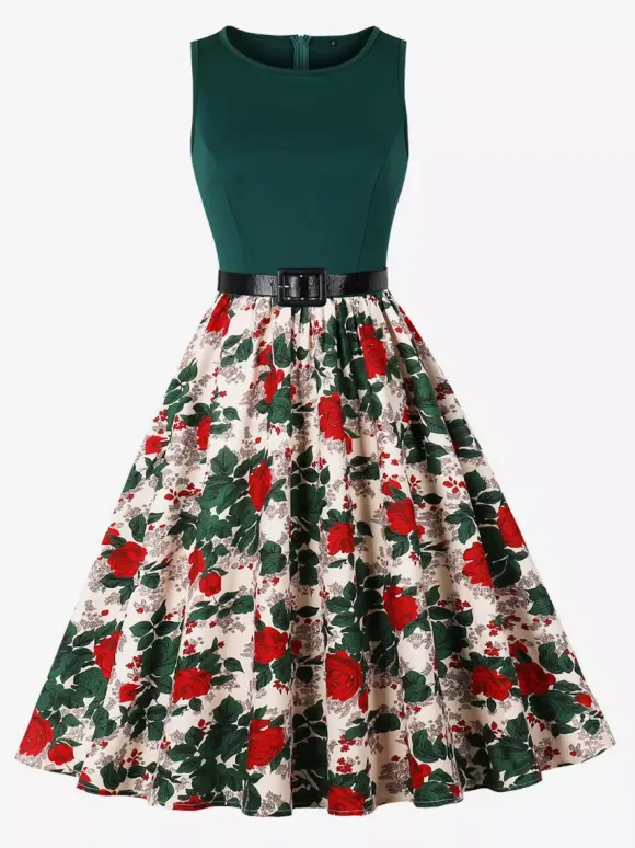 Vintage Dresses 1950s Swing Floral Swing Dress Sleeveless A-Line Tea Party Midi Dress