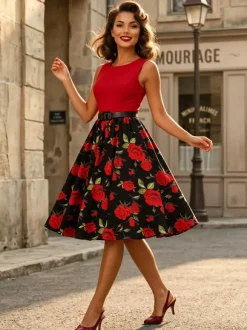 Vintage Dresses 1950s Swing Floral Swing Dress Sleeveless A-Line Tea Party Midi Dress