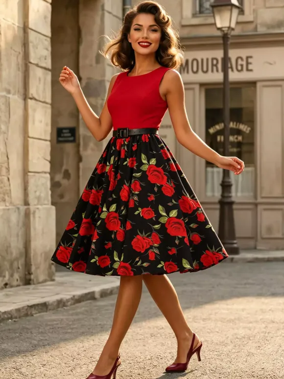 Vintage Dresses 1950s Swing Floral Swing Dress Sleeveless A-Line Tea Party Midi Dress