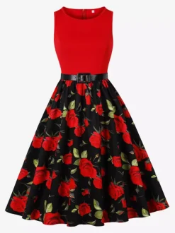 Vintage Dresses 1950s Swing Floral Swing Dress Sleeveless A-Line Tea Party Midi Dress