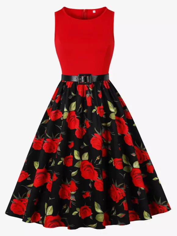 Vintage Dresses 1950s Swing Floral Swing Dress Sleeveless A-Line Tea Party Midi Dress