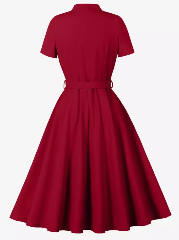 Vintage Dresses 1950s Vintage Swing Dress Bow Tie Collar Short Sleeve Tea Party Dress