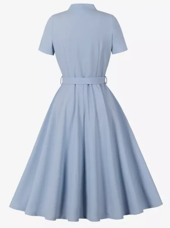Vintage Dresses 1950s Vintage Swing Dress Bow Tie Collar Short Sleeve Tea Party Dress