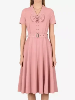 Vintage Dresses 1950s Vintage Swing Dress Bow Tie Collar Short Sleeve Tea Party Dress