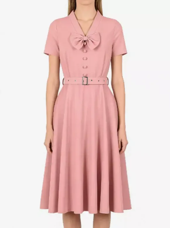 Vintage Dresses 1950s Vintage Swing Dress Bow Tie Collar Short Sleeve Tea Party Dress