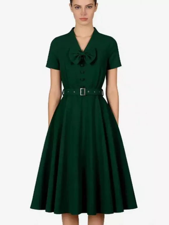 Vintage Dresses 1950s Vintage Swing Dress Bow Tie Collar Short Sleeve Tea Party Dress