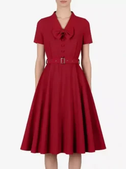 Vintage Dresses 1950s Vintage Swing Dress Bow Tie Collar Short Sleeve Tea Party Dress
