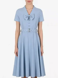 Vintage Dresses 1950s Vintage Swing Dress Bow Tie Collar Short Sleeve Tea Party Dress