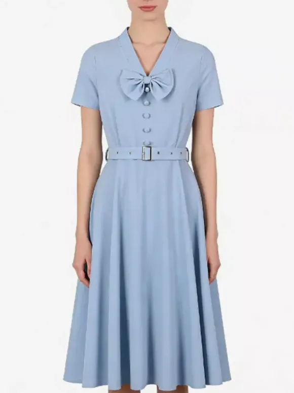 Vintage Dresses 1950s Vintage Swing Dress Bow Tie Collar Short Sleeve Tea Party Dress