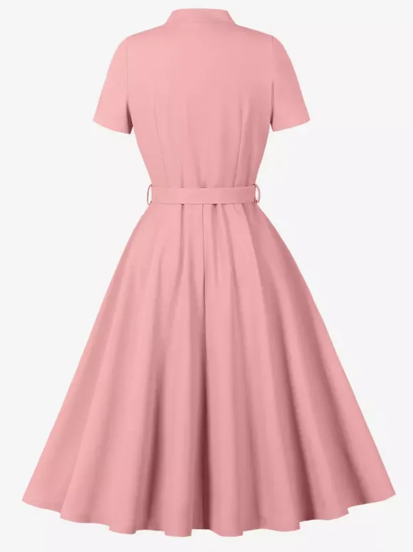 Vintage Dresses 1950s Vintage Swing Dress Bow Tie Collar Short Sleeve Tea Party Dress