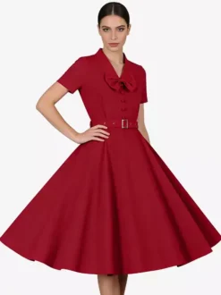 Vintage Dresses 1950s Vintage Swing Dress Bow Tie Collar Short Sleeve Tea Party Dress