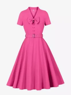 Vintage Dresses 1950s Vintage Swing Dress Bow Tie Collar Short Sleeve Tea Party Dress
