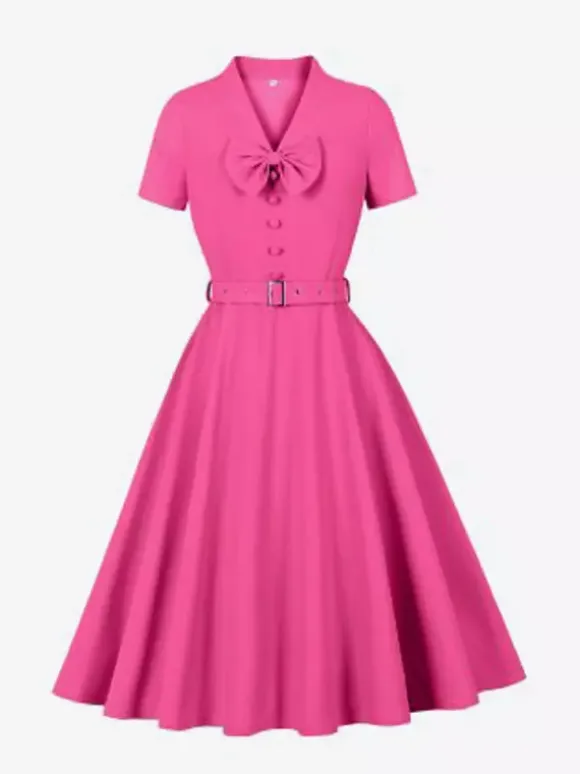 Vintage Dresses 1950s Vintage Swing Dress Bow Tie Collar Short Sleeve Tea Party Dress