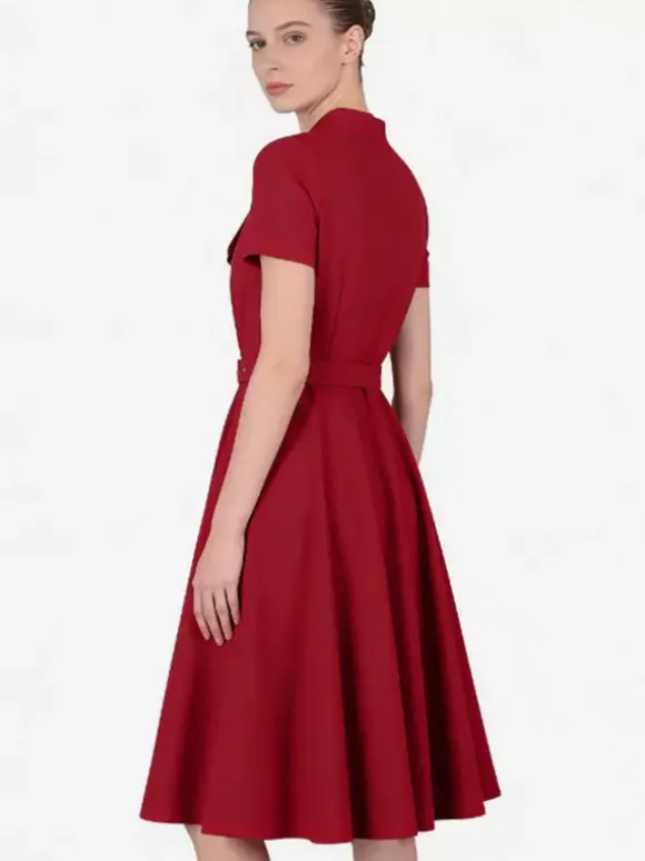 Vintage Dresses 1950s Vintage Swing Dress Bow Tie Collar Short Sleeve Tea Party Dress