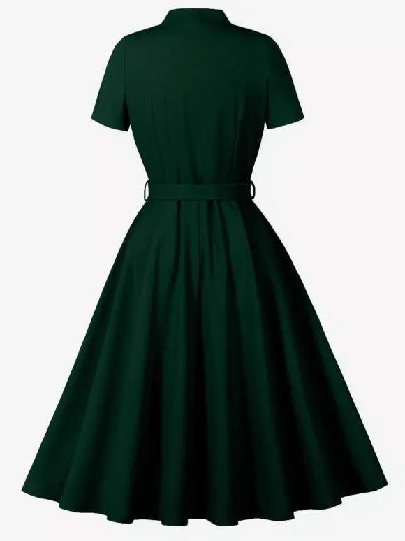 Vintage Dresses 1950s Vintage Swing Dress Bow Tie Collar Short Sleeve Tea Party Dress