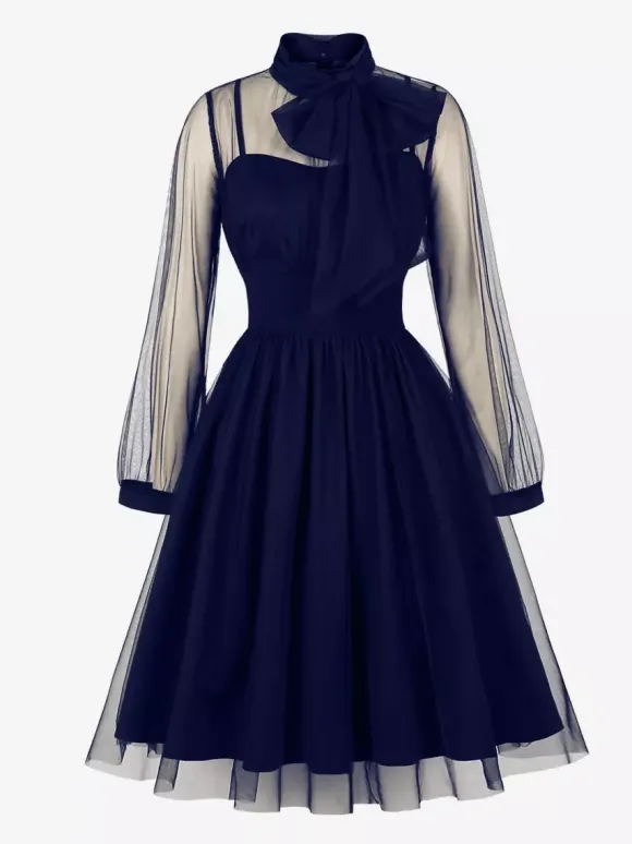 Vintage Dresses Women's Burgundy Tulle Midi Dress Sheer Long Sleeve Bow Neck Fit And Flare Dress
