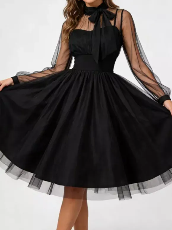 Vintage Dresses Women's Burgundy Tulle Midi Dress Sheer Long Sleeve Bow Neck Fit And Flare Dress